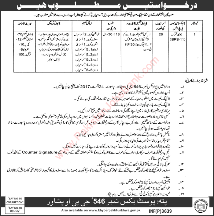 Clerk Jobs in PO Box 546 GPO Peshawar 2017 July / August KPK Provincial Government Organization Latest