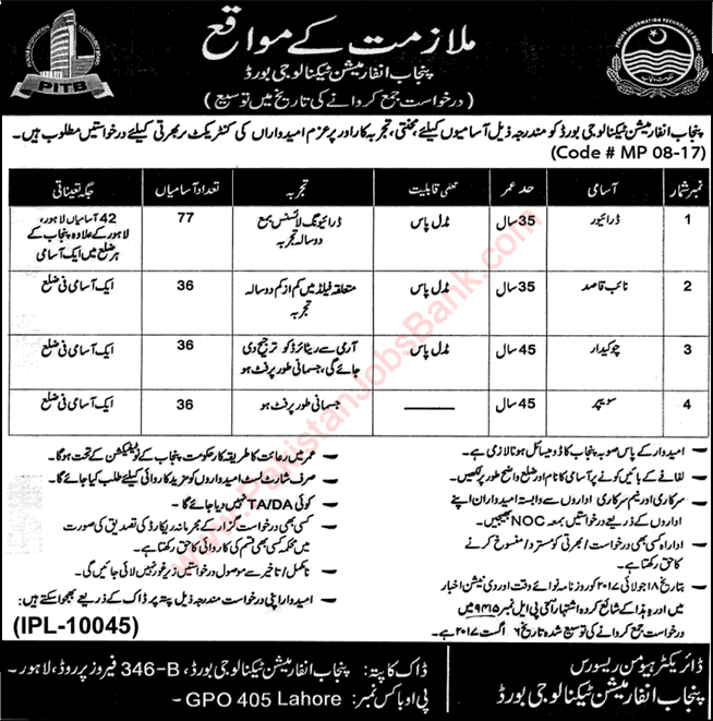 PITB Jobs July 2017 August Corrigendum Last Date Extension Punjab Information Technology Board Latest