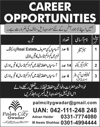 Palm City Gwadar Pvt Ltd Jobs 2017 July / August Lahore Sales Executives / Managers & Telephone Operators Latest