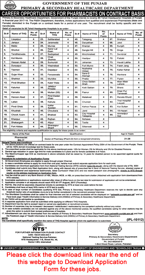 Pharmacist Jobs in Primary and Secondary Healthcare Department Punjab August 2017 NTS Application Form Latest