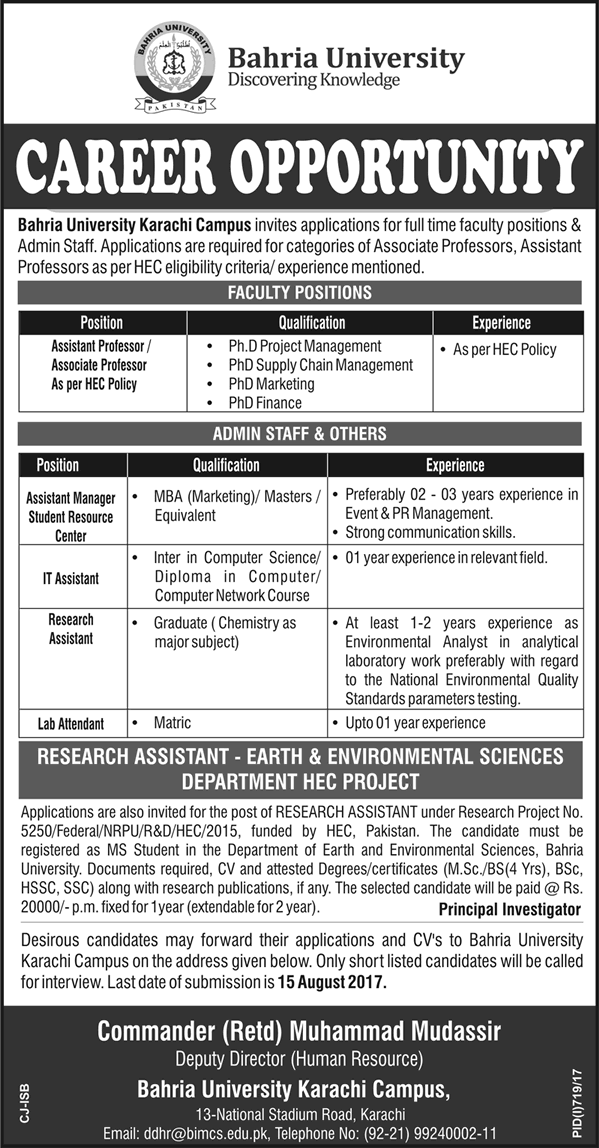 Bahria University Karachi Jobs August 2017 Teaching Faculty & Admin Staff Latest