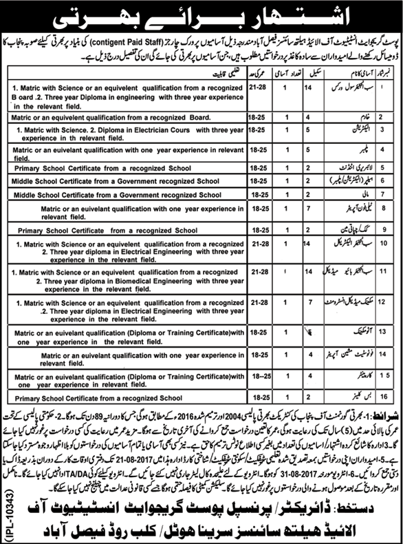 Postgraduate Institute of Allied Health Sciences Faisalabad Jobs August 2017 Sub Engineers & Others Latest