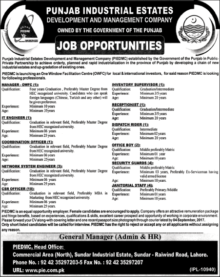 Punjab Industrial Estates Jobs August 2017 PIEDMC CSR Officer, Network System Engineers & Others Latest