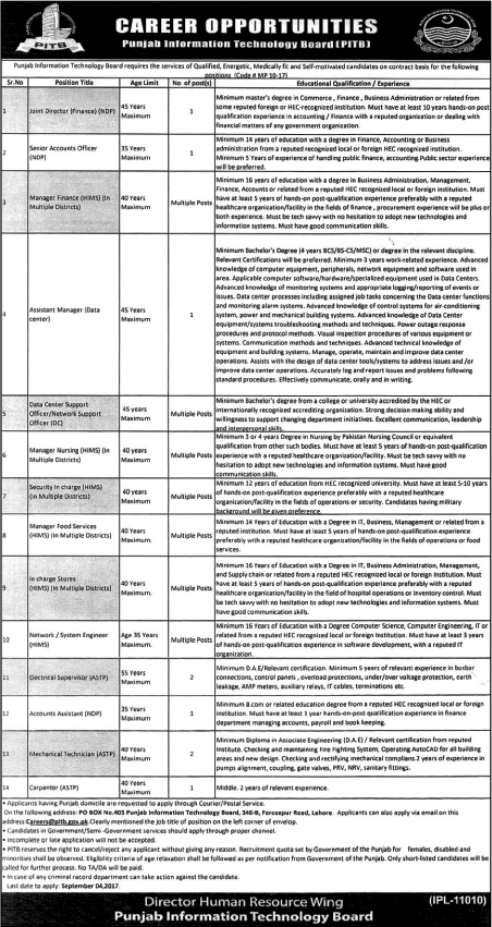 Punjab Information Technology Board Jobs August 2017 PITB Network / System Engineers, Stores Incharge & Others Latest