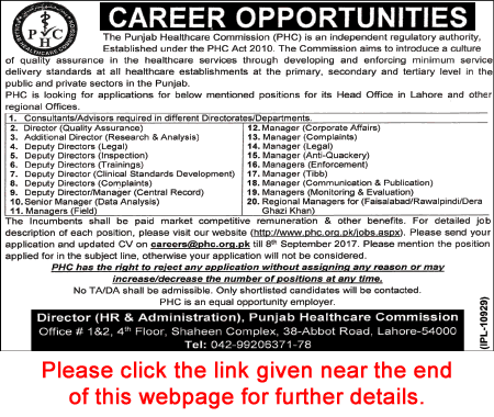 Punjab Healthcare Commission Jobs August 2017 PHC Directors, Managers & Consultants / Advisors Latest
