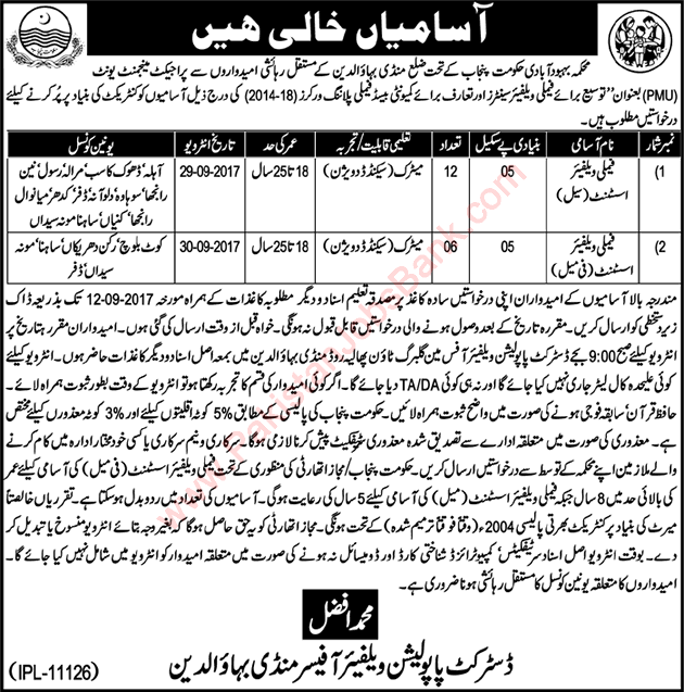 Family Welfare Assistant Jobs in Population Welfare Department Mandi Bahauddin 2017 August Latest