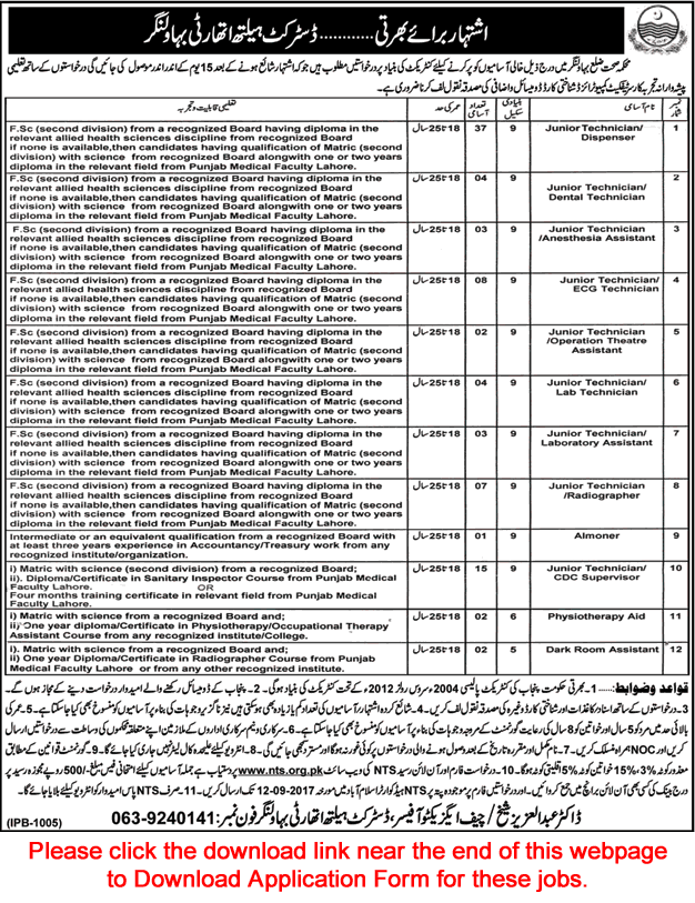 Health Department Bahawalnagar Jobs 2017 August / September NTS Application Form Download Latest