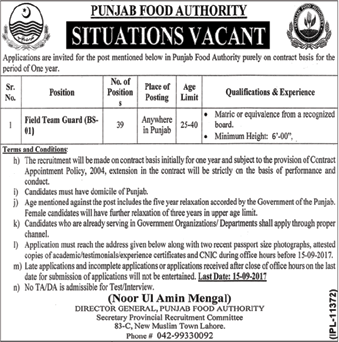 Field Team Guard Jobs in Punjab Food Authority August 2017 September Latest