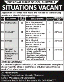 Teaching Jobs in Divisional Public School Burewala 2017 August / September Latest