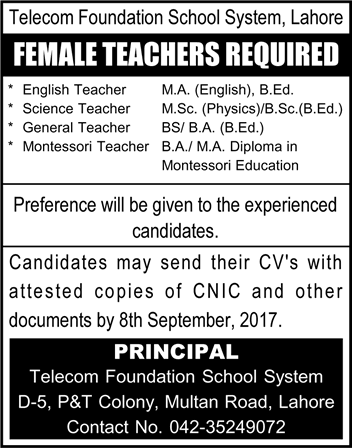 Telecom Foundation School System Lahore Jobs August 2017 September Female Teachers Latest