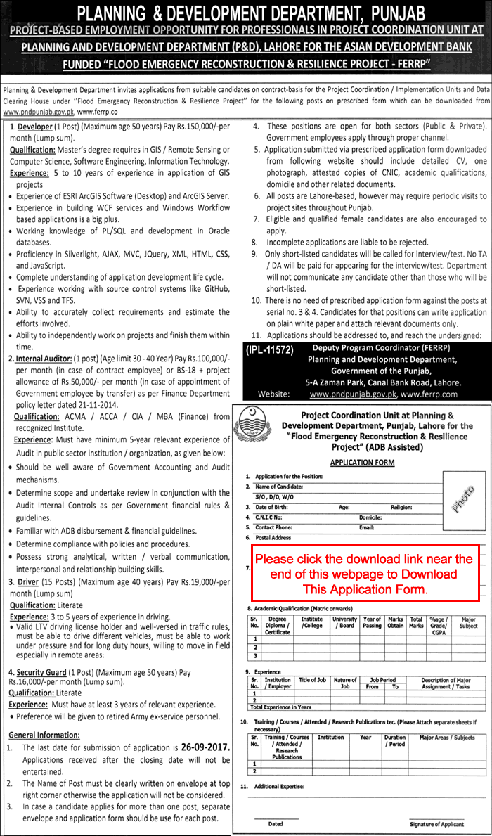 Planning and Development Department Punjab Jobs September 2017 Application Form Drivers & Others Latest