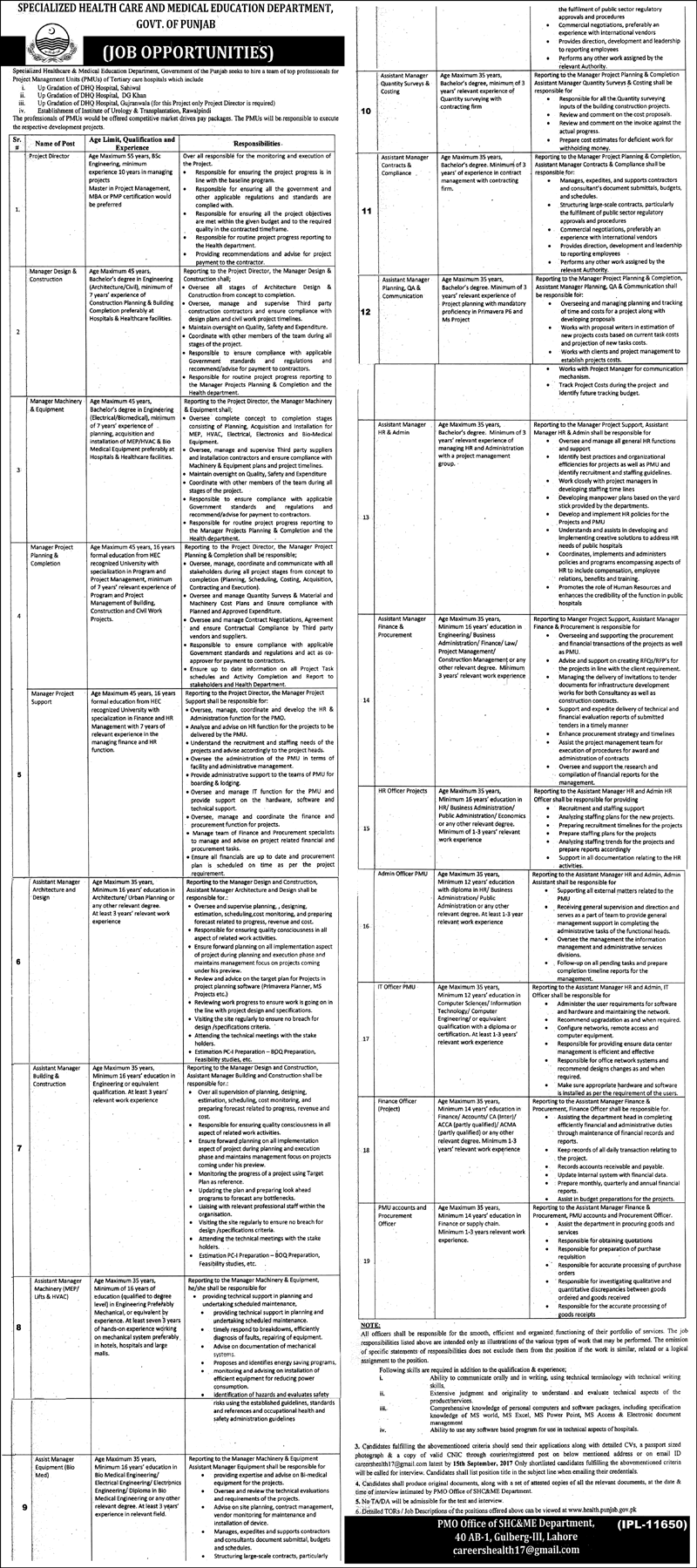 Specialized Healthcare and Medical Education Department Punjab Jobs September 2017 Assistant Managers & Others Latest