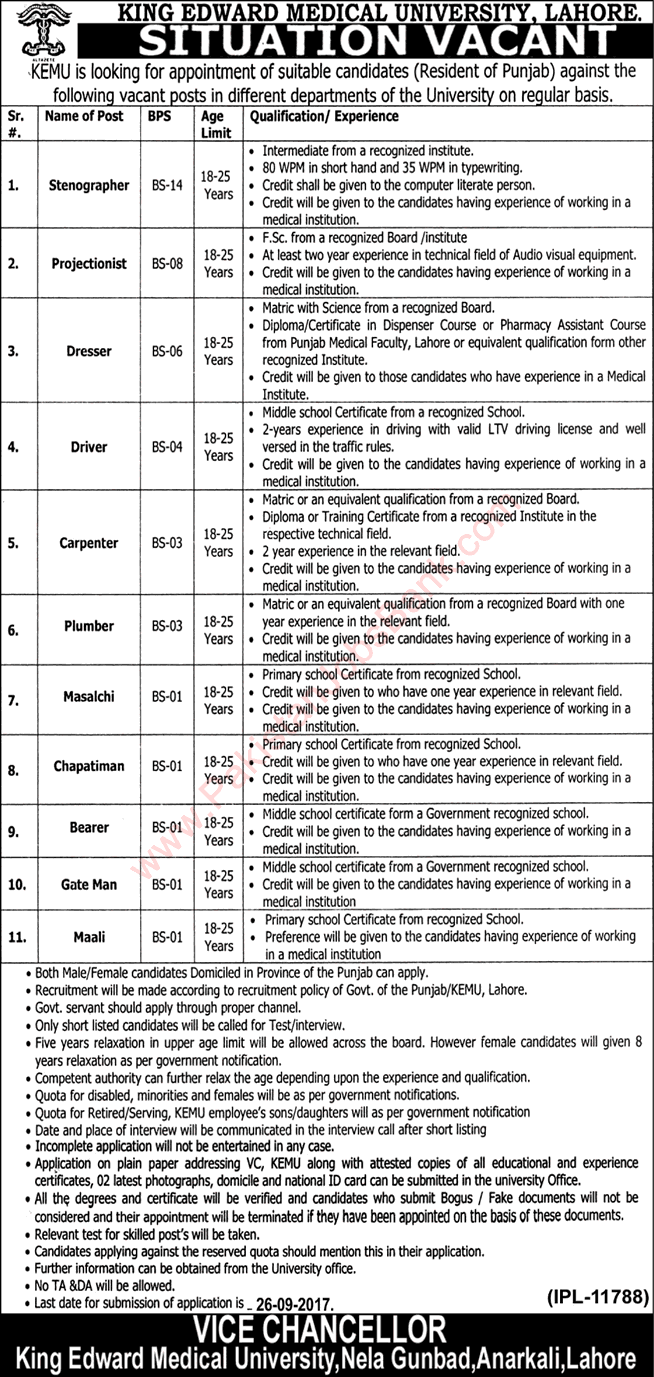 King Edward Medical University Lahore Jobs September 2017 KEMU Stenographer, Driver & Others Latest