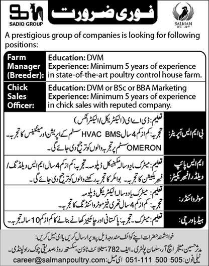 Sadiq Group of Companies Rawalpindi Jobs 2017 September Salman Poultry Farm Manager, Sales Officer & Others Latest