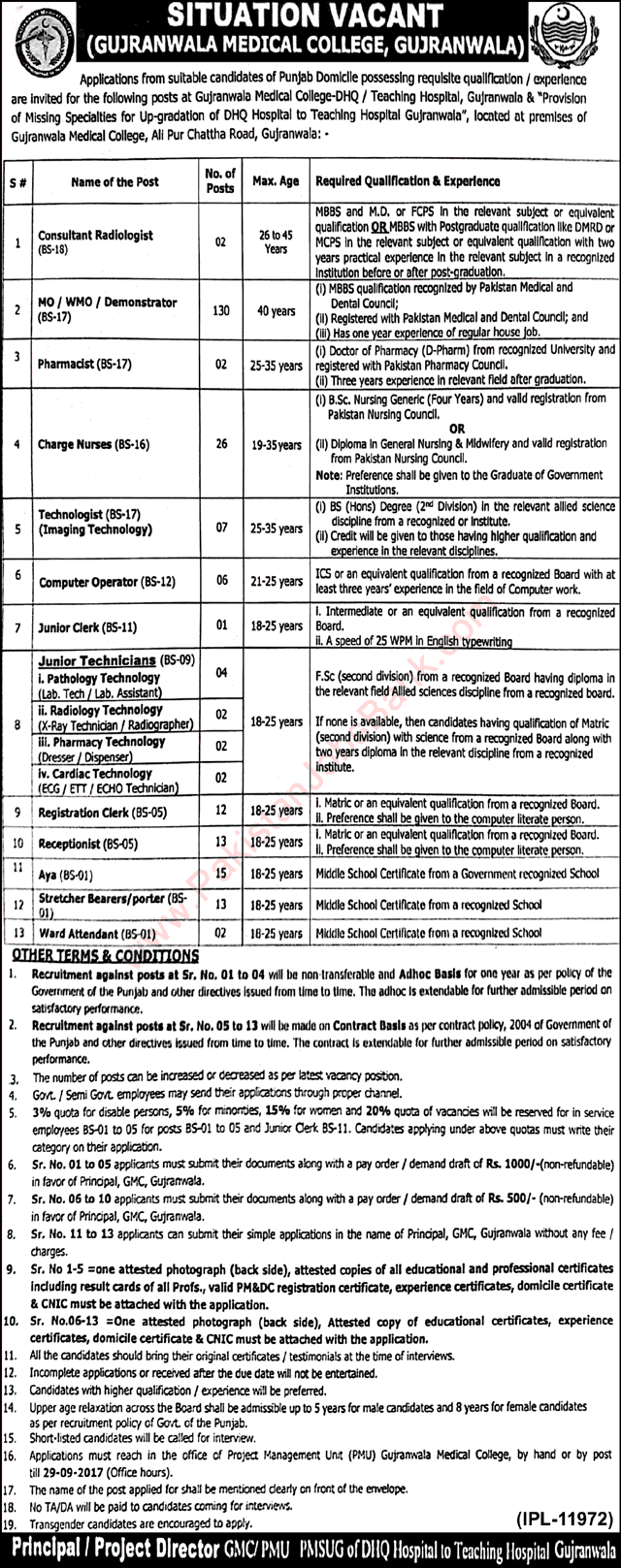 Gujranwala Medical College / DHQ / Teaching Hospital Jobs September 2017 Medical Officers, Nurses & Others Latest