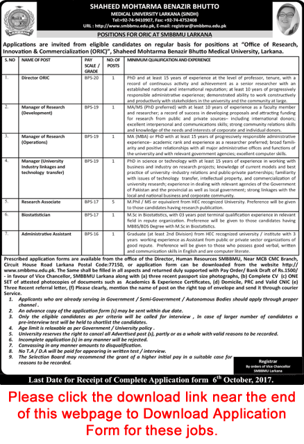 Shaheed Mohtarma Benazir Bhutto Medical University Larkana Jobs September 2017 SMBBMU Application Form Latest