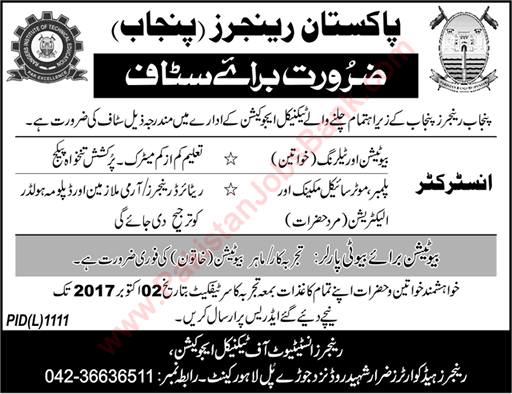 Rangers Institute of Technical Education Lahore Jobs September 2017 for Instructors & Beautician Latest