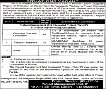 Labour and Human Resource Department Punjab Jobs September 2017 Computer Operators & Others Latest