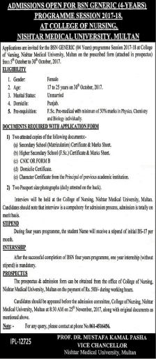 Nishtar Medical University Multan BSc General Nursing Program 2017-18 at College of Nursing Latest