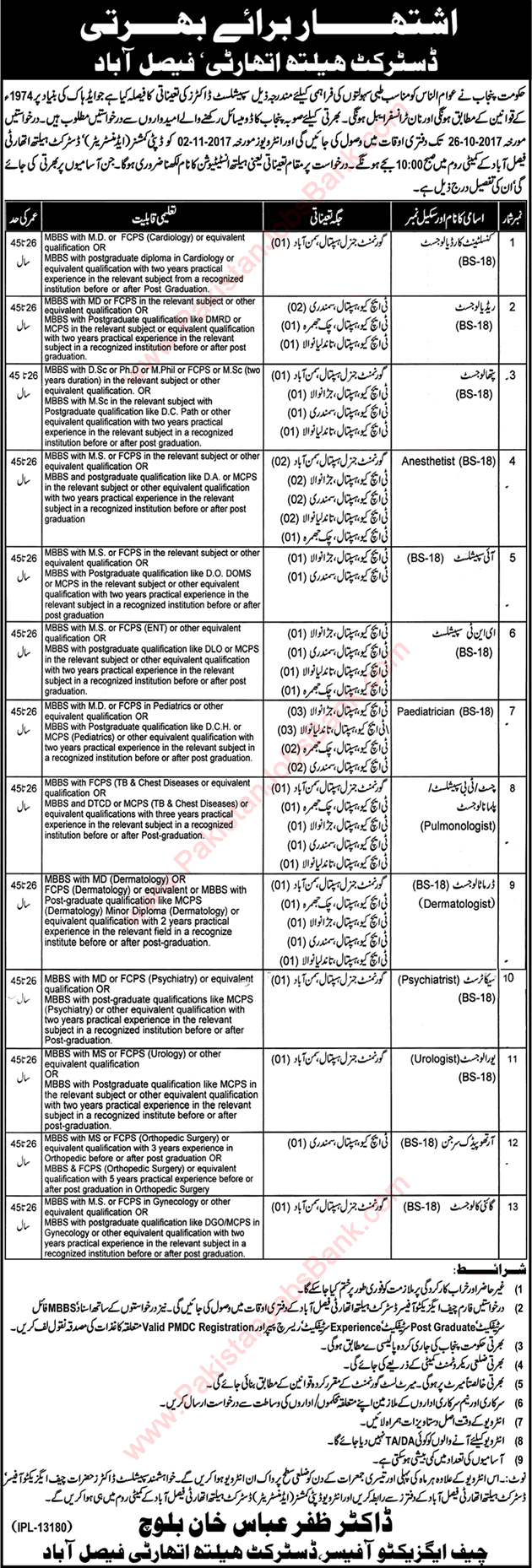 Specialist Doctor Jobs in Health Department Faisalabad October 2017 Latest