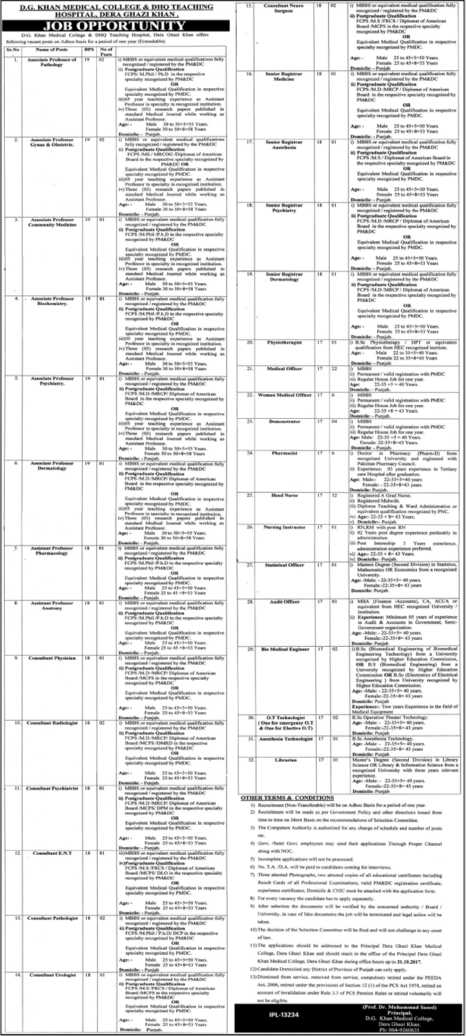 Dera Ghazi Khan Medical College & DHQ Teaching Hospital Jobs October 2017 Medical Officers, Nurses & Others Latest