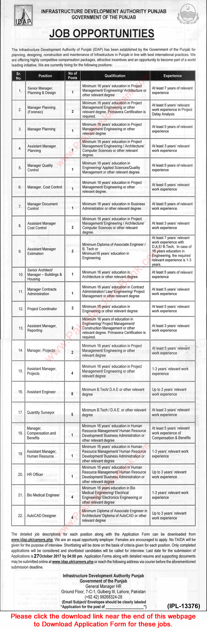 Infrastructure Development Authority Punjab Jobs October 2017 Application Form IDAP Latest