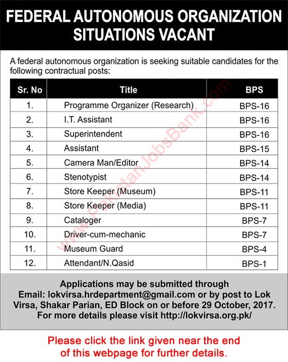 Lok Virsa Islamabad Jobs October 2017 Federal Autonomous Organization Latest Advertisement