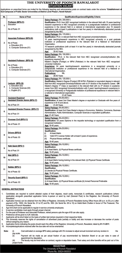 University of Poonch Rawalakot Jobs October 2017 Teaching Faculty, Admin & Support Staff Latest