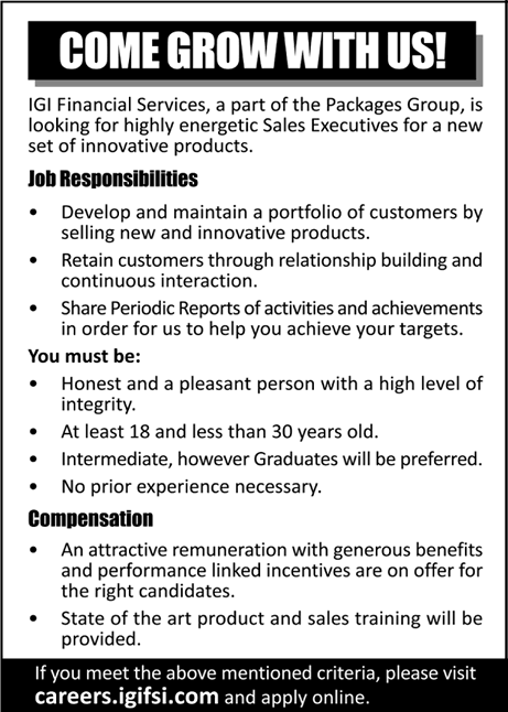 Sales Executive Jobs in IGI Financial Services Pakistan 2017 October Latest