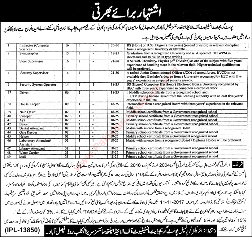 Postgraduate Institute of Allied Health Sciences Faisalabad Jobs October 2017 Lab / Dental Attendants & Others Latest