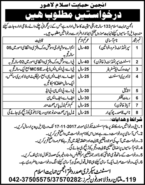 Anjuman Himayat e Islam Lahore Jobs November 2017 Superintendent, Library Assistant & Others Latest