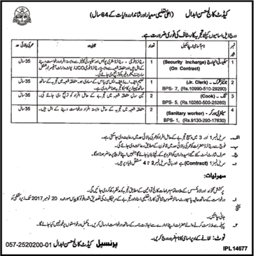 Cadet College Hasan Abdal Jobs November 2017 Clerk, Cook, Security Incharge & Sanitary Worker Latest