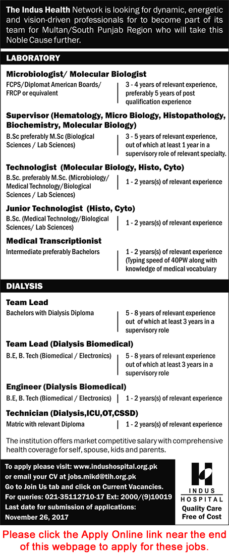 Indus Hospital Jobs November 2017 Apply Online Multan Institute of Kidney Diseases Latest