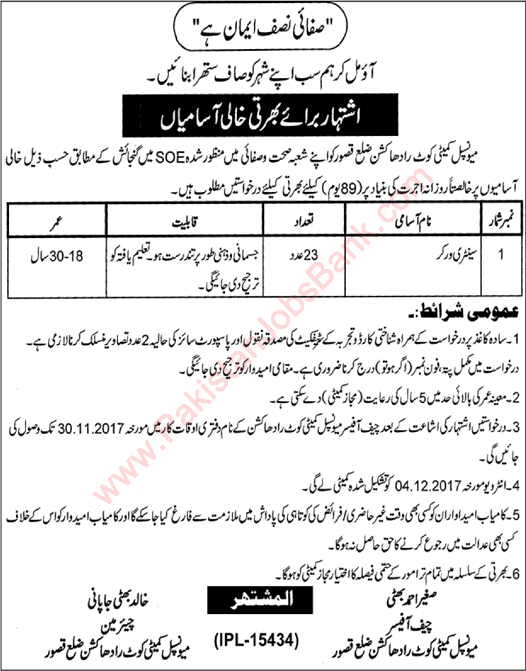 Sanitary Worker Jobs in Municipal Committee Kot Radha Kishan 2017 November Kasur Latest