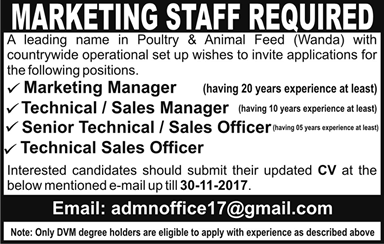 Marketing Jobs in Pakistan 2017 November / December Poultry & Animal Feed Company Latest