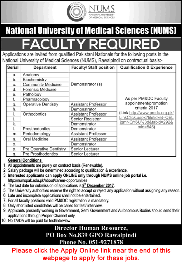 NUMS University Rawalpindi Jobs November 2017 December Apply Online Teaching Faculty Latest