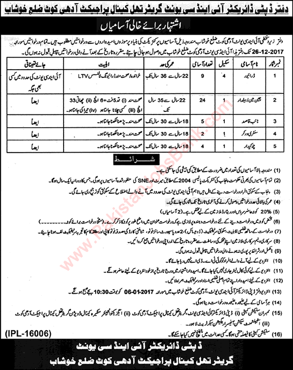Greater Thal Canal Project Khushab Jobs 2017 December Chainman / Baildar, Drivers & Others Latest