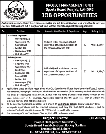 Civil Engineer Jobs in Sports Board Punjab December 2017 Graduate & Sub Engineers Latest