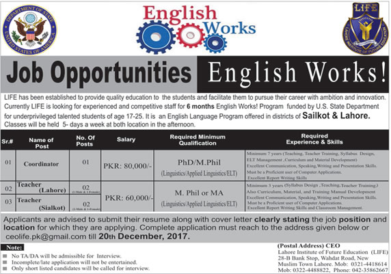 Lahore Institute of Future Education Jobs 2017 December Teachers & Coordinators LIFE Latest