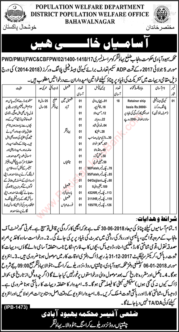 Family Planning Worker Jobs in Population Welfare Department Bahawalnagar December 2017 Latest