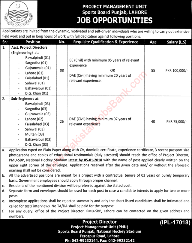 Sports Board Punjab Jobs December 2017 Civil / Sub Engineers & Assistant Project Directors Latest