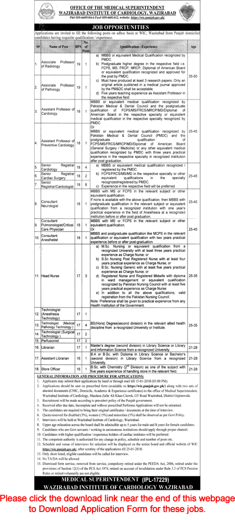 Wazirabad Institute of Cardiology Jobs December 2017 January Application Form Teaching Faculty & Others Latest