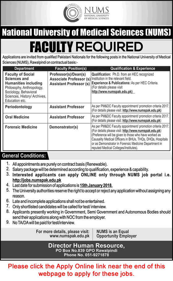 NUMS University Rawalpindi Jobs December 2017 / 2018 Apply Online Teaching Faculty Latest