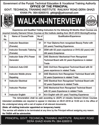 TEVTA Jobs 2018 Instructors Dera Ghazi Khan Government Technical Training Institute Walk in Interview Latest