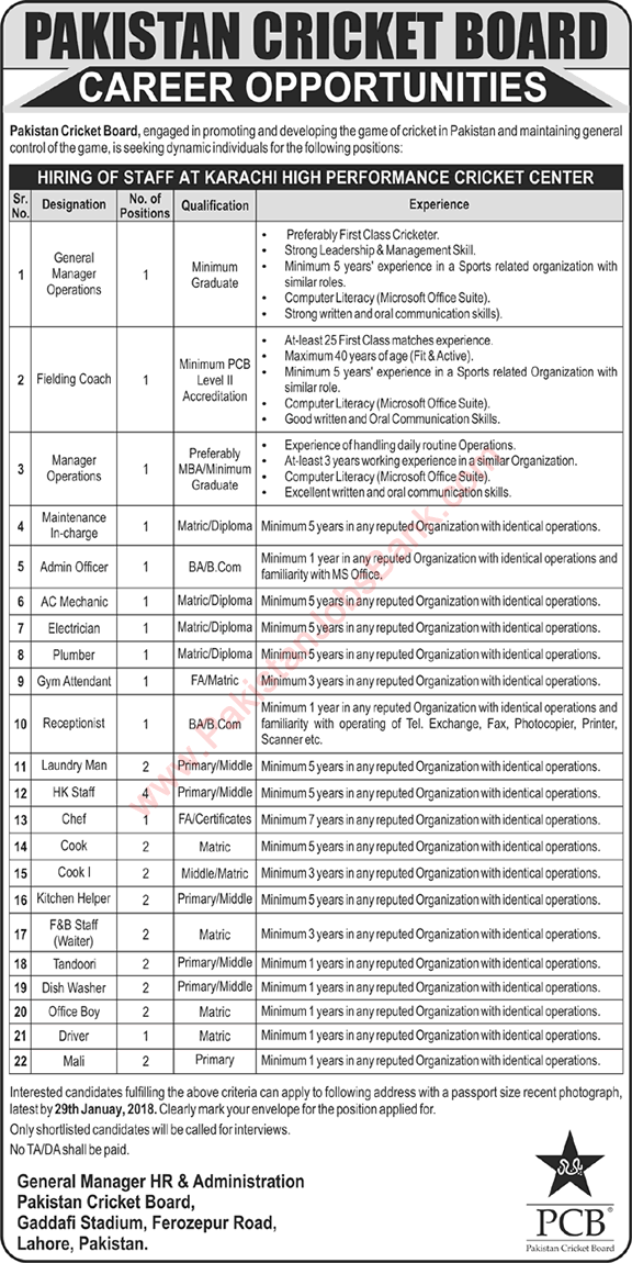 Pakistan Cricket Board Jobs 2018 Karachi PCB Cooks, Office Boys & Others Latest