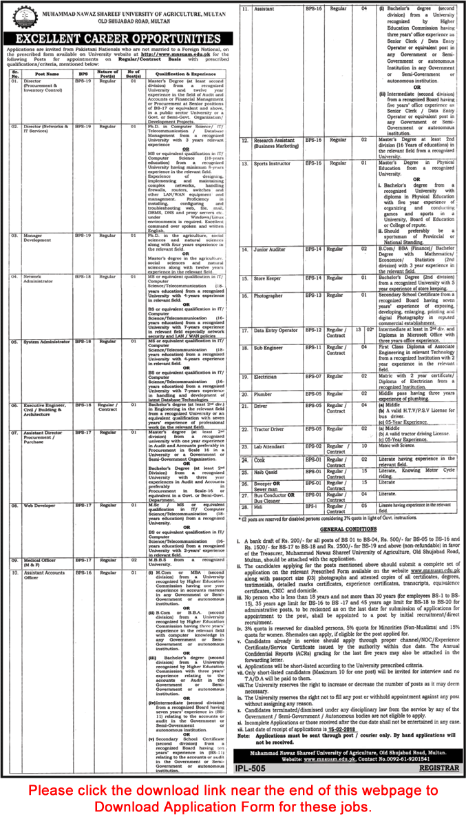 Muhammad Nawaz Shareef University of Agriculture Multan Jobs 2018 Application Form Download Latest