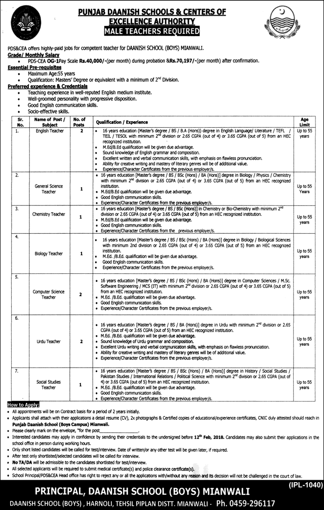 Danish School Mianwali Jobs 2018 January for Teachers PDS & CEA Latest