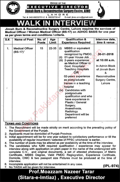 Medical Officer Jobs in Jinnah Hospital Lahore 2018 Walk in Interview Jinnah Burn & Reconstructive Surgery Centre AIMC Latest