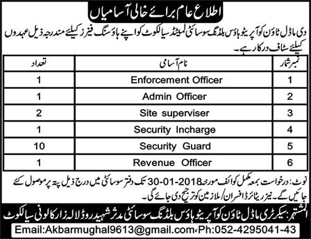 The Model Town Cooperative House Building Society Sialkot Jobs 2018 Security Guards, Site Supervisors & Others Latest