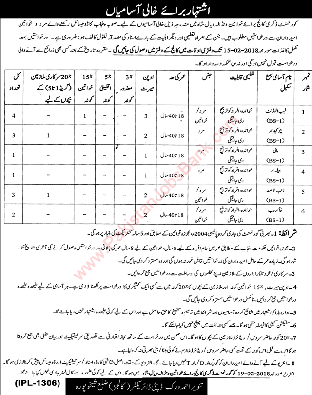Education Department Sheikhupura Jobs 2018 January at Government Degree College for Women Latest